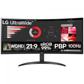 Monitor Gamer LG 34 Pol, Curvo, UltraWide, VA, WQHD, 100Hz, 5Ms, sRGB 99%, HDR10, FreeSync, Preto, 34WR50QC-B.AWZM