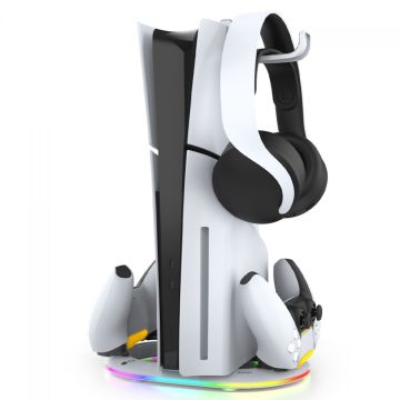 Suporte Vertical Ipega Para PS5 Slim, RGB, Com Dock De Carregamento Para Controle Dualsense e Suporte De Headset, Branco, PG-P5S045