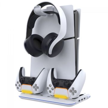 Suporte Vertical Ipega Para PS5 Slim, RGB, C/ Cooler P/ Refrigeração, Dock De Carregamento P/ Control Dualsense e Sup De Headset, Branco, PG-P5S020W