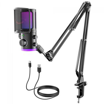 Microfone Gamer Fifine AmpliGame AM6T, Condensador, RGB, USB, Preto, Com Braço Articulado