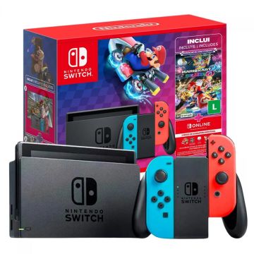 Console Nintendo Switch + Mario Kart 8 Deluxe + 3 Meses Nintendo Switch Online, 32GB, 1x Joy-con Neon, Vermelho e Azul, NSHW07773001FGR