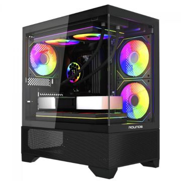 Gabinete Gamer Round5 Draven Black, Mid Tower, Lateral e Frontal de Vidro, M-ATX, Sem Fans, Preto, R5-DRAVEN-B-2181