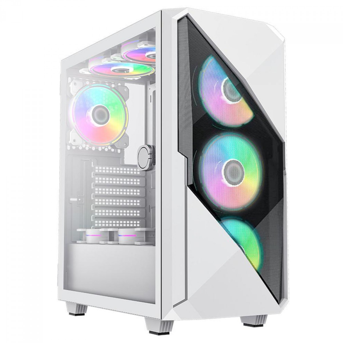 Gabinete Gamer Gamemax Revolt 3606, RGB, Mid Tower, Vidro Temperado, White/Black, Sem Fonte, Com 3 Fans