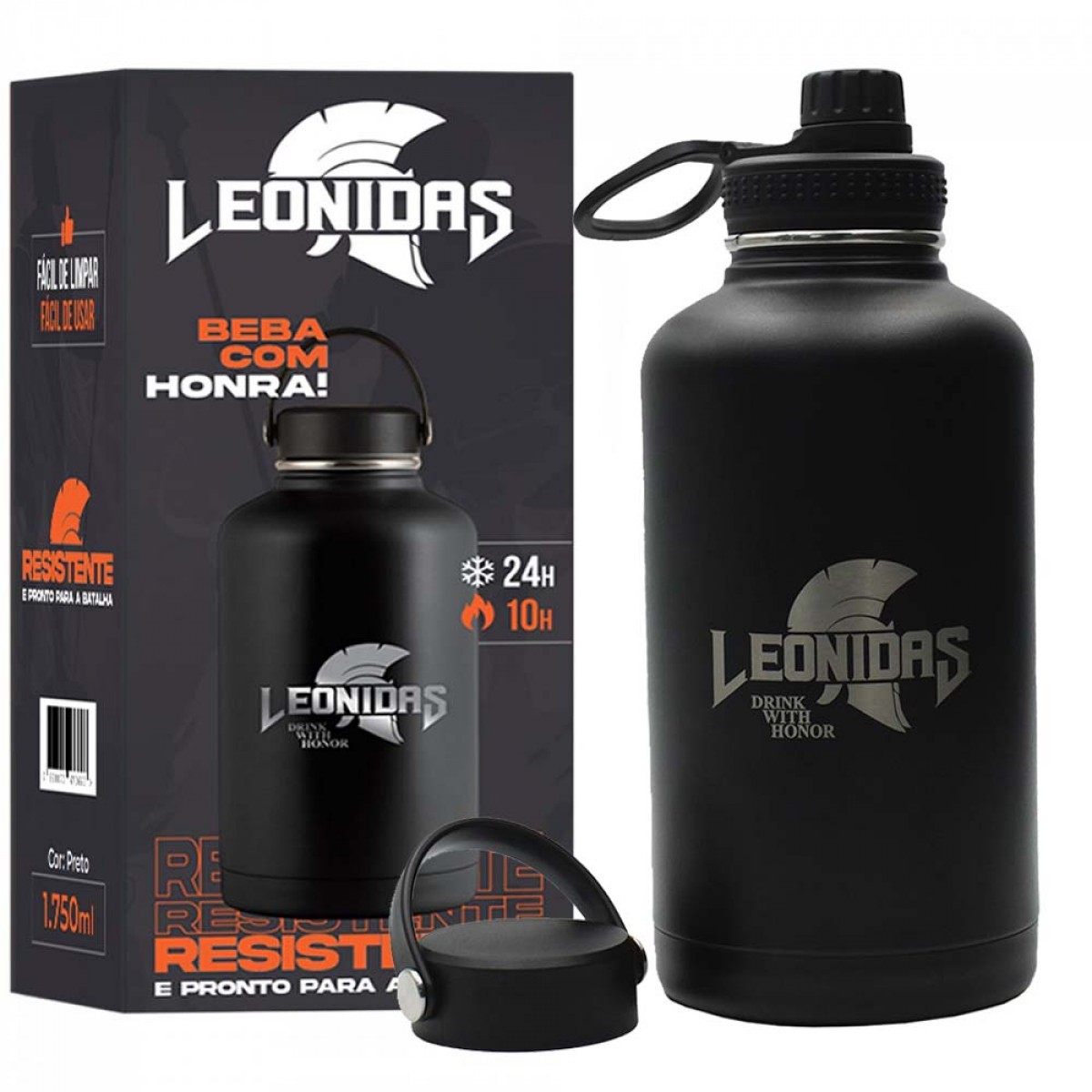 Garrafa Térmica Leonidas, 1.750ml, 24h Frio e 10h Quente, Metal, Preto