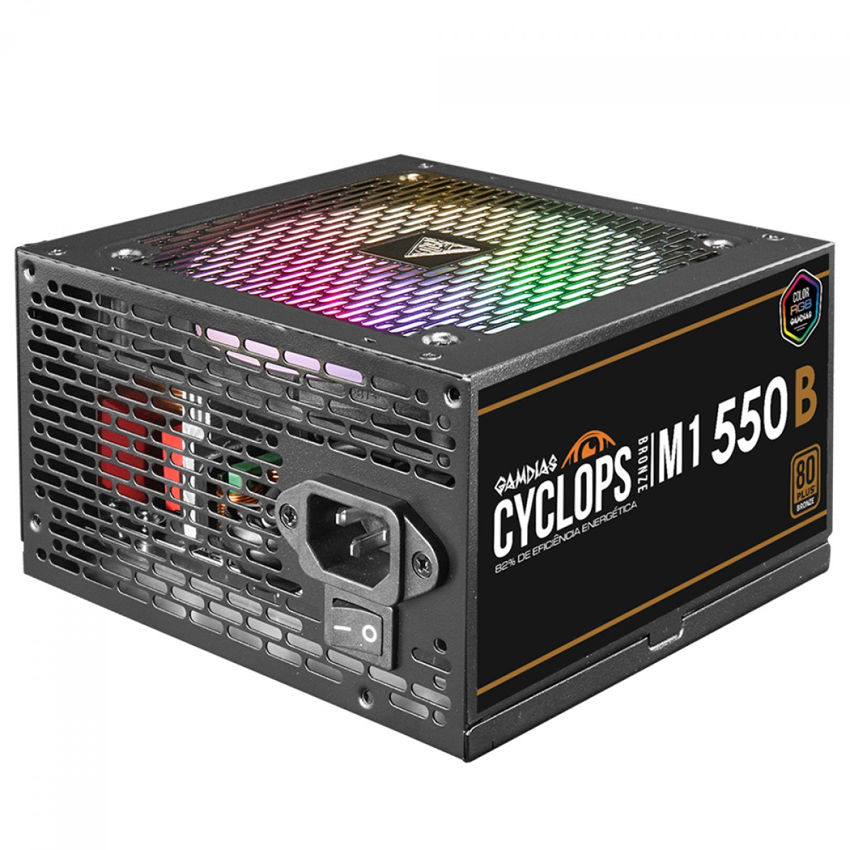 Fonte Gamdias Cyclops M1-550B, 550W, RGB, 80 Plus Bronze, Cybenetics, Teclab, PFC Ativo, Cabos Flat