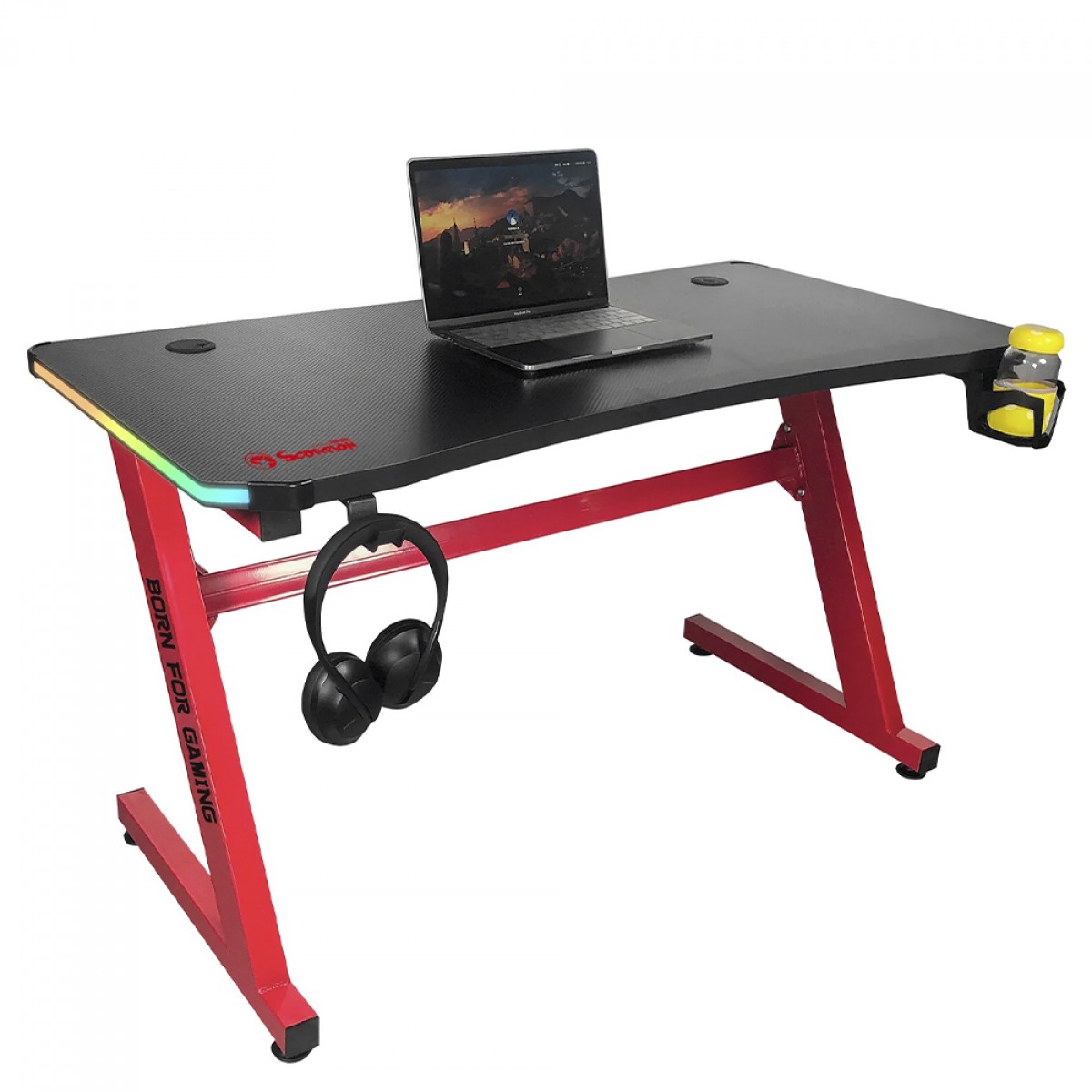 Mesa Gamer Marvo DE-08, Com Suporte Para Headset e Copo, Preto e Vermelho, DE-08