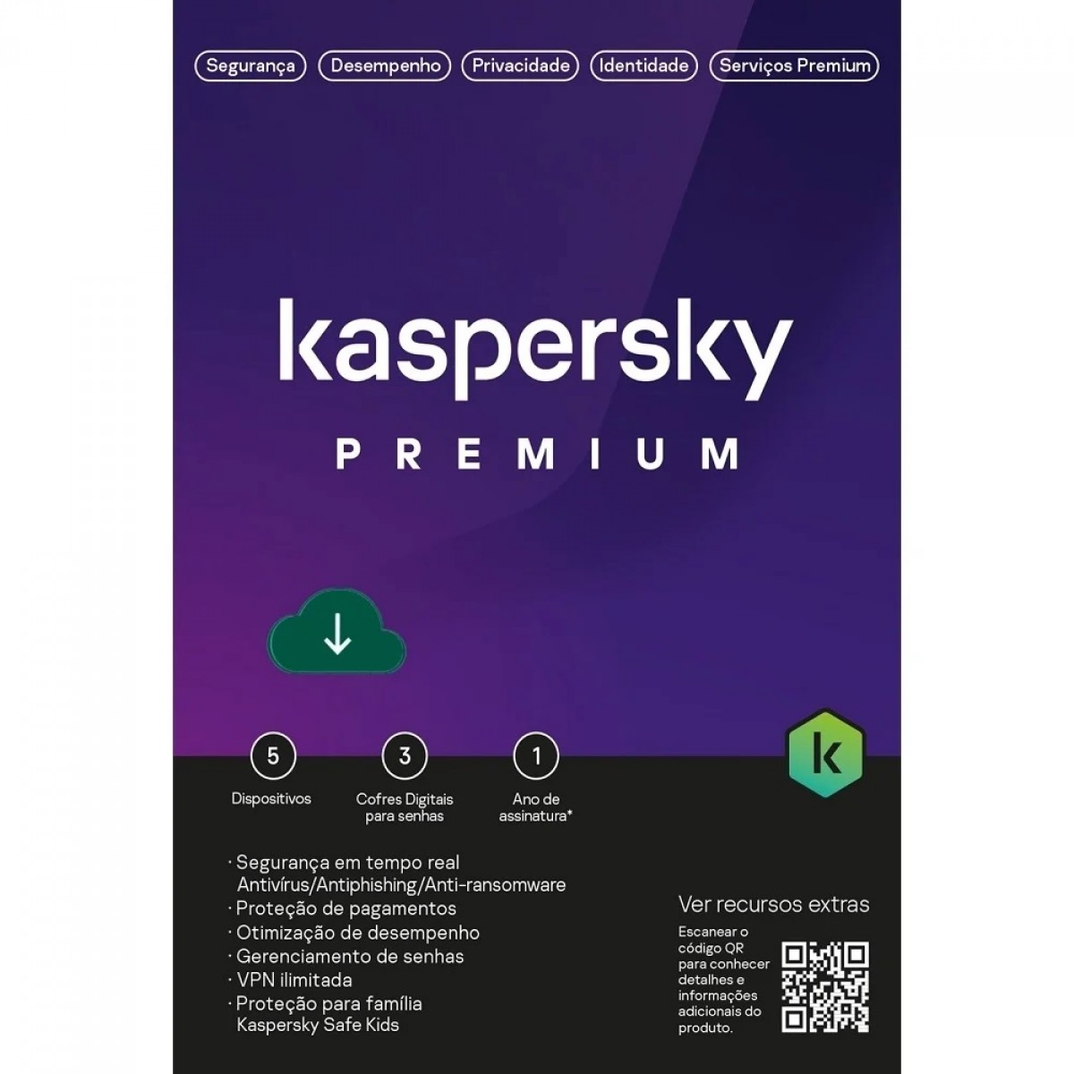 Kaspersky Antivírus Premium, 5 dispositivos, 12 meses ESD, Digital para Download, KL1047KDEFS