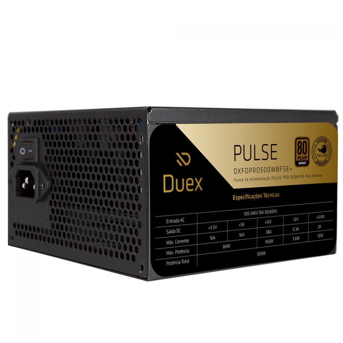 Fonte Duex Pulse Pro, 500W, 80 Plus Bronze, TecLab, PFC Ativo, Preto
