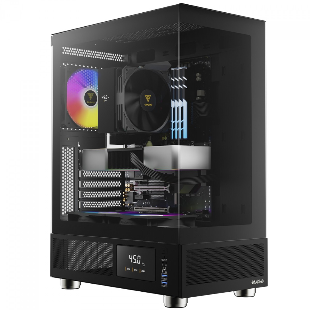 Gabinete Gamer Gamdias Atlas E1, Mid Tower, Display Digital, Vidro Temperado, ATX, Black, Sem Fonte, Com 3 Fans ARGB