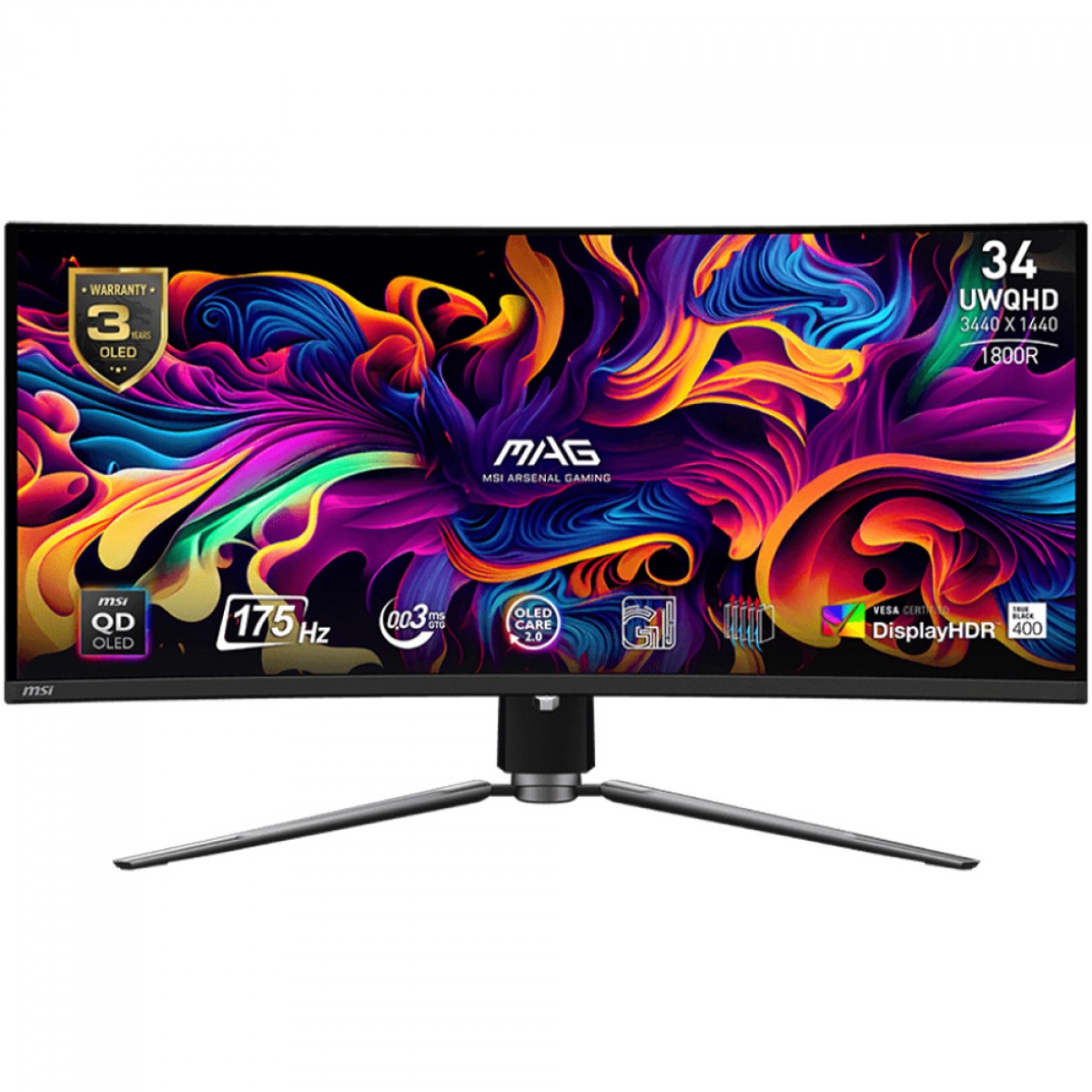  Monitor Gamer MSI MAG 341CQP, 34 Pol, Curvo, UltraWide, QD-OLED, UWQHD, 0.03ms, 175Hz, FreeSync Premium, HDMI/DP/Type-C