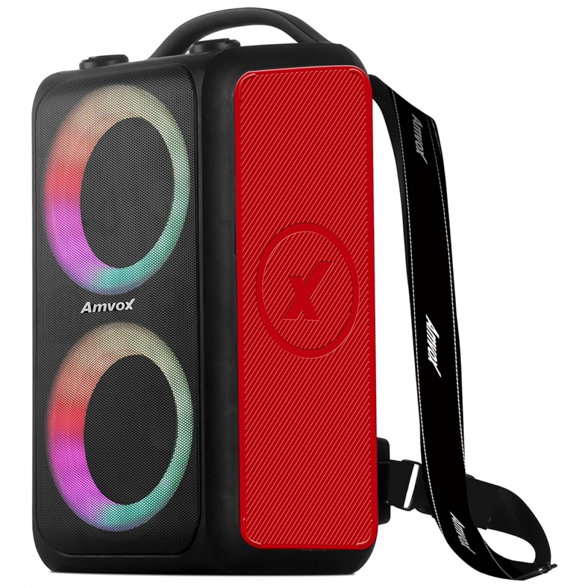 Caixa de Som Amplificada Amvox ACA 600 BagVox Red, Bluetooth, 600W, Múltiplas Conexões, Preto e Vermelho, ACA600