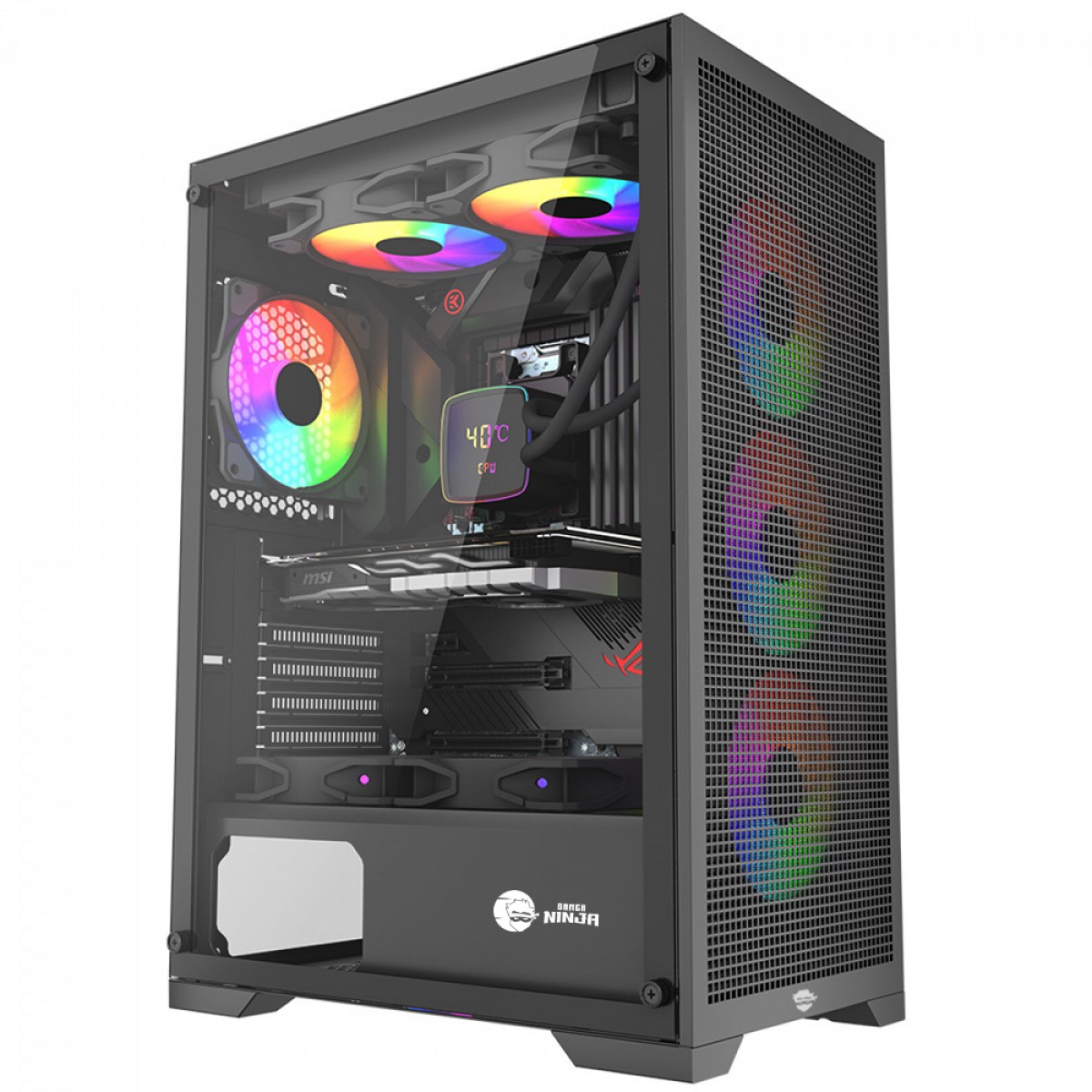 Gabinete Gamer Ninja Kurama, Mid Tower, Vidro Temperado, ATX, Sem Fonte, Com 4 Fans Rainbow, Preto, GN-CS-KRMTB4F